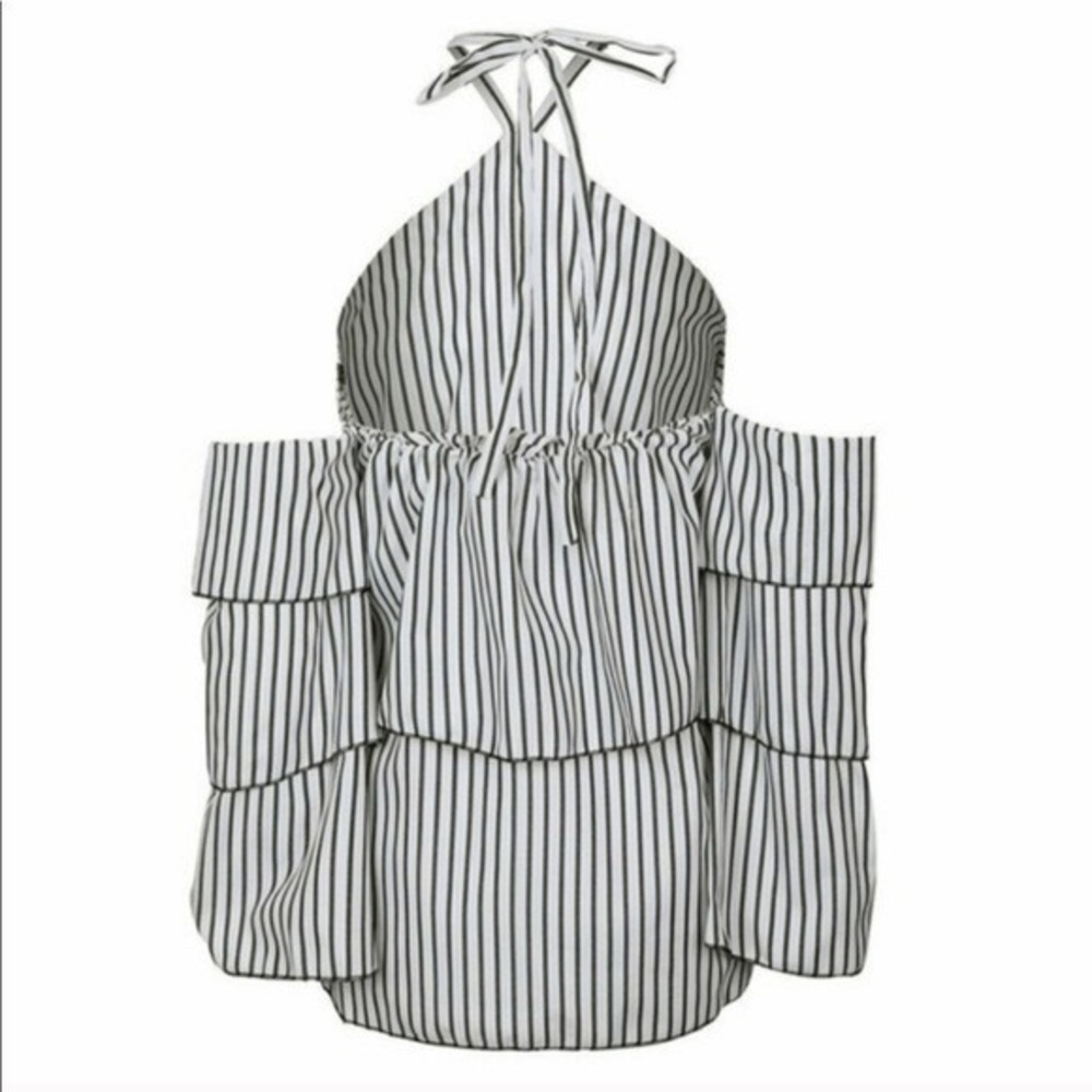 Striped Halter Cold Shoulder Ruffle Tiered Sleeve Blouse White Black S - Picture 7 of 7